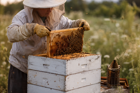 A beekeeper in a veil inspecting a frame from a white Langstroth hive in a meadow