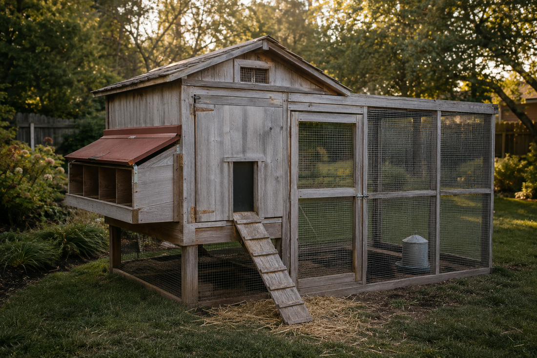 A tidy weathered-wood backyard chicken coop with an attached wire run