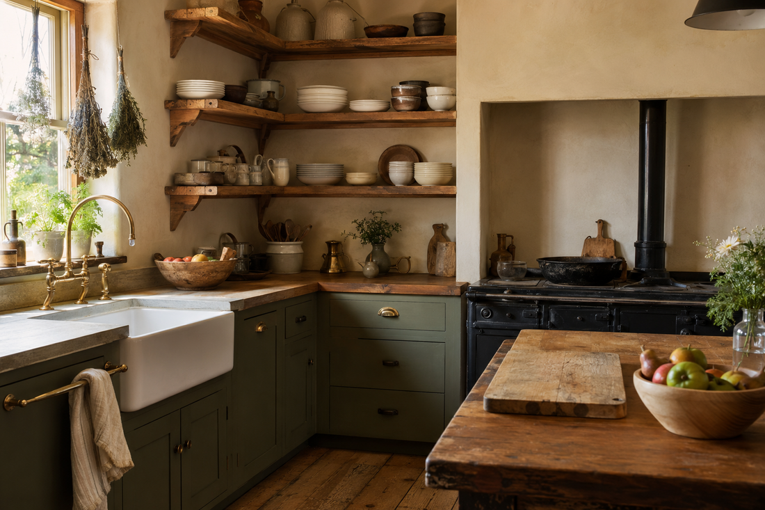 A warm lived-in farmhouse kitchen with open wood shelving, cast iron, and an apron sink