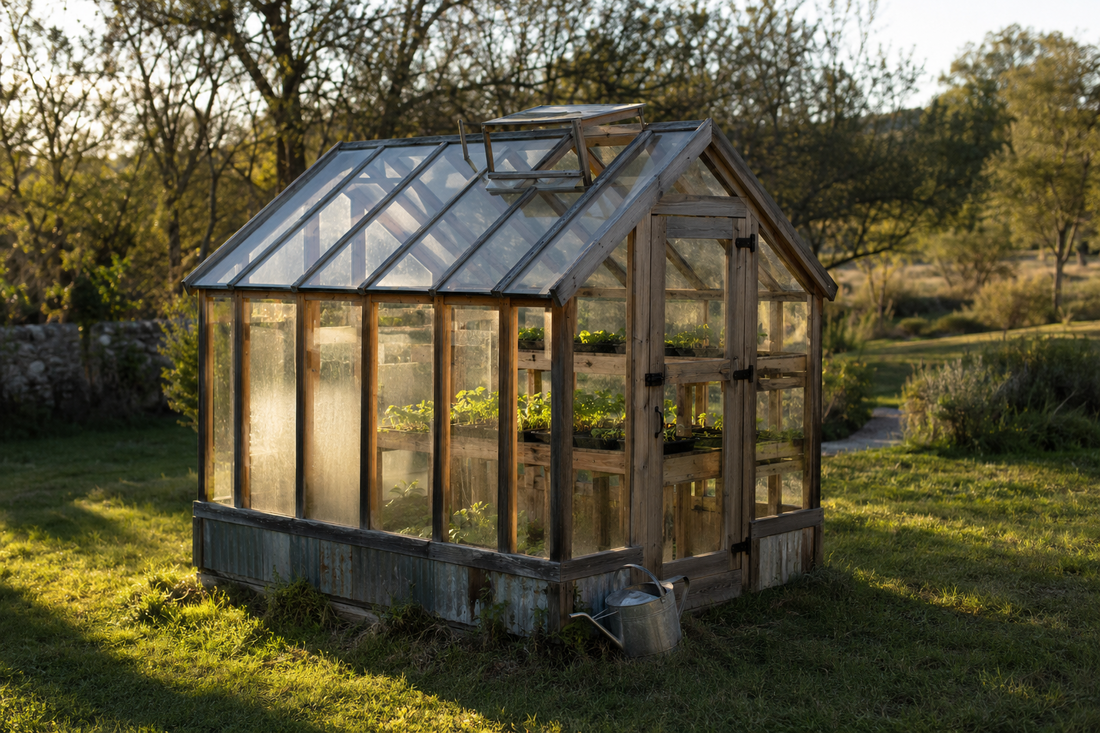 A timber-and-poly greenhouse full of seedlings glowing in warm afternoon light