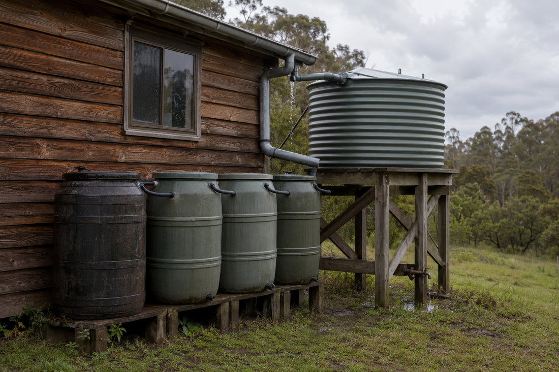 Rain barrels and a raised storage tank collecting water beside a homestead cabin