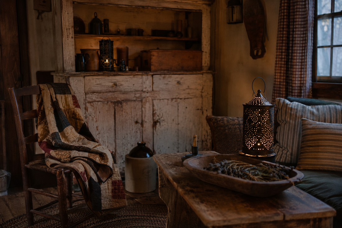 A cozy primitive-style living room with aged wood furniture, a stoneware crock, and homespun textiles