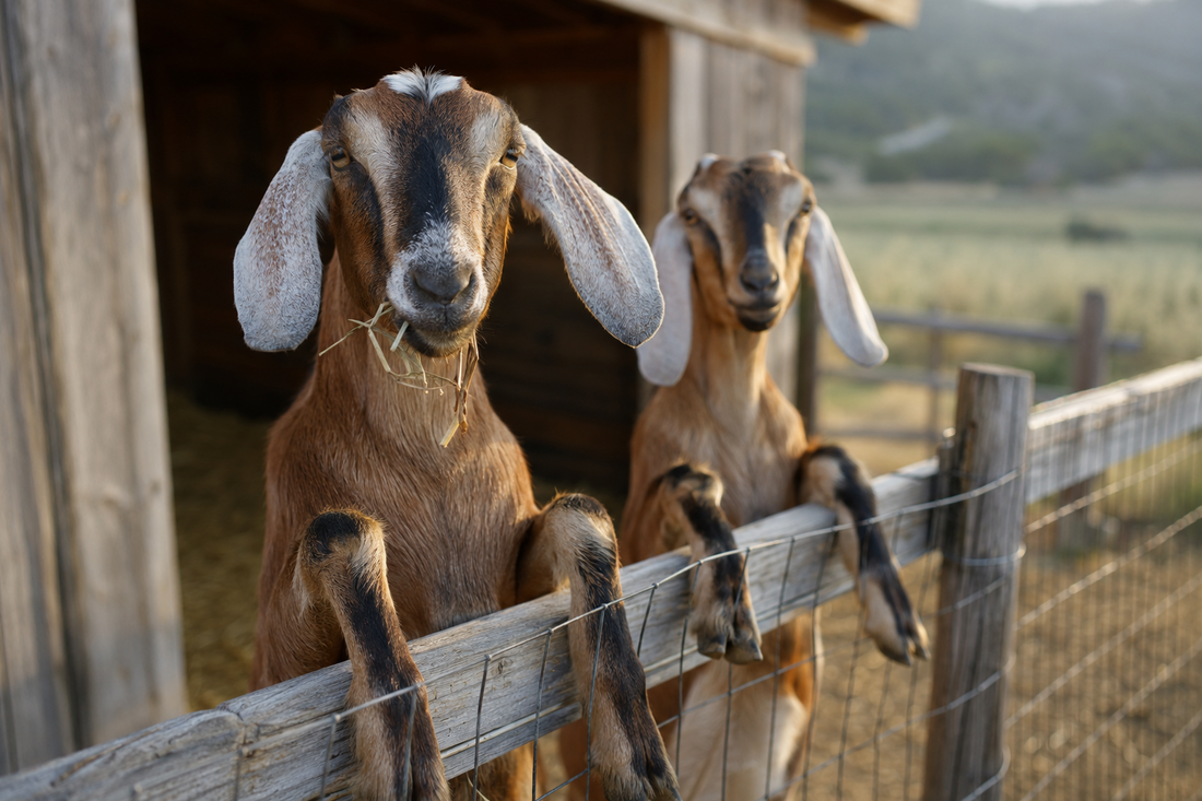 Two friendly dairy goats standing at a wooden fence on a small homestead