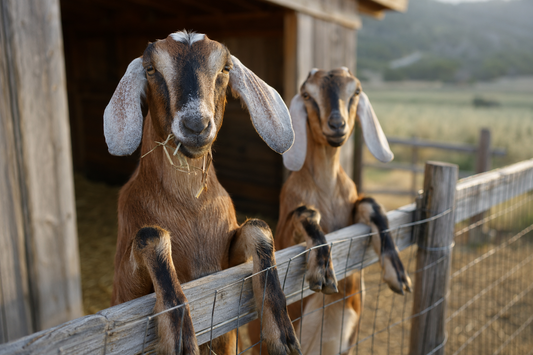 Two friendly dairy goats standing at a wooden fence on a small homestead