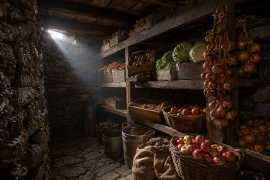 Inside a stone-lined root cellar with wooden shelves full of stored vegetables