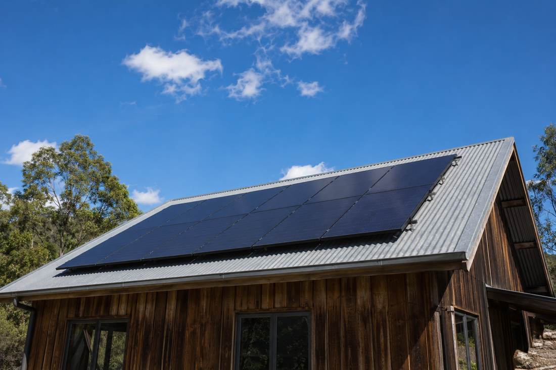 Solar panels mounted on the roof of a timber homestead cabin against a clear sky