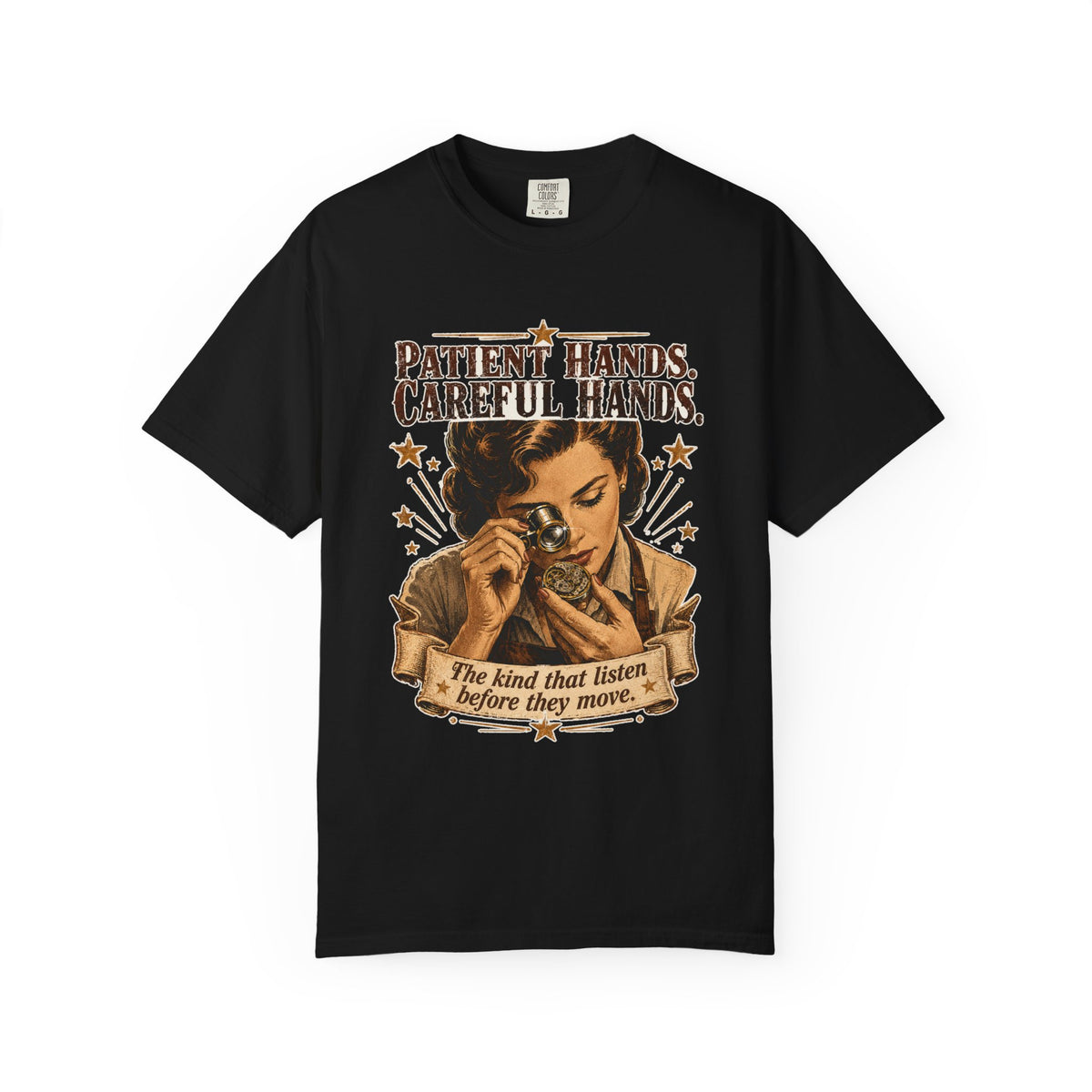 Patient Hands, Careful Hands — heritage tee front view, garment-dyed cotton | Worth Honoring
