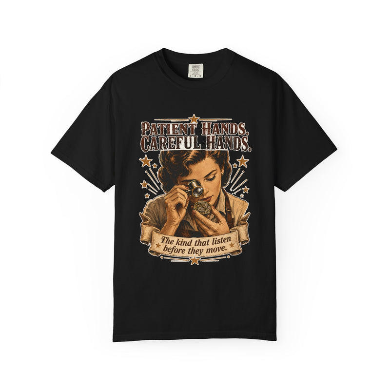 Patient Hands, Careful Hands — heritage tee front view, garment-dyed cotton | Worth Honoring