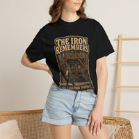 The Iron Remembers — ironworker heritage tee lifestyle shot, blacksmith tribute apparel
