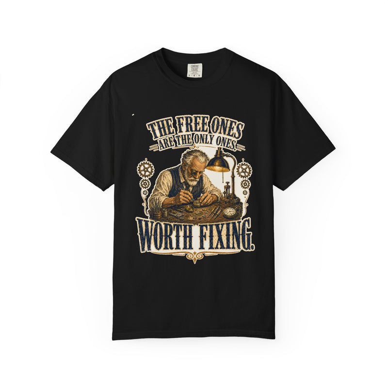 The Free Ones Are the Only Ones Worth Fixing — watchmaker heritage tee, front view | Worth Honoring