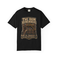 The Iron Remembers — ironworker heritage tee front view, garment-dyed cotton | Worth Honoring