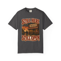 Graphite colorway — Still Here Still Open Main Street heritage tee