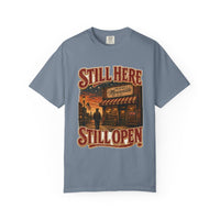 Blue Jean colorway — Still Here Still Open Main Street heritage tee