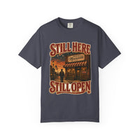 Navy colorway — Still Here Still Open Main Street heritage tee