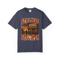 Denim colorway — Still Here Still Open Main Street heritage tee